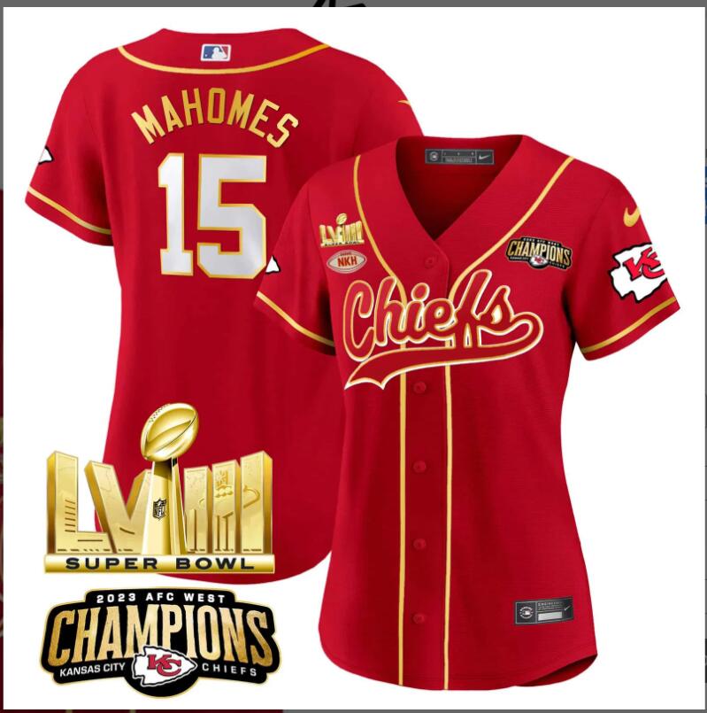 Women  Kansas City Chiefs  #15 Mahomes AFC West Champions Super Bowl LVIII Gold Patch 2024 NFL Nike red jerseys